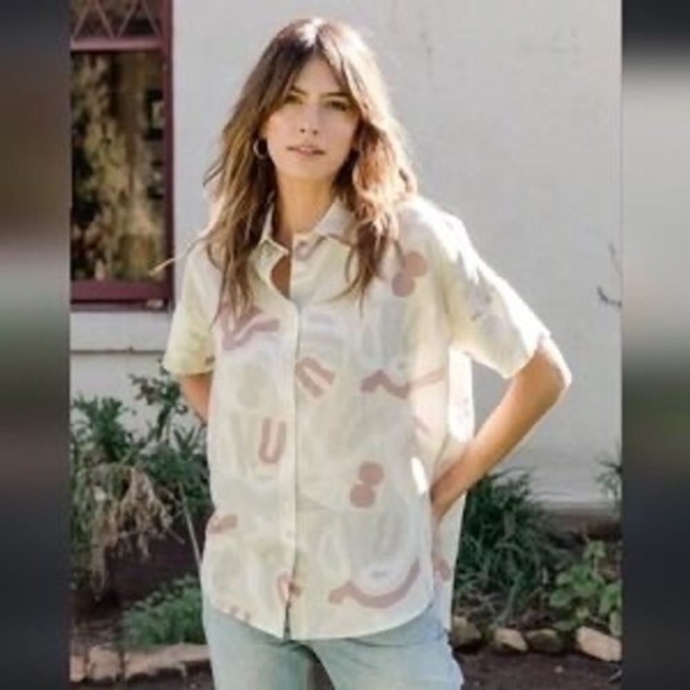 Tradlands XS Boxy Short Sleeve Button Down Shirt Abstract Print Linen Blend